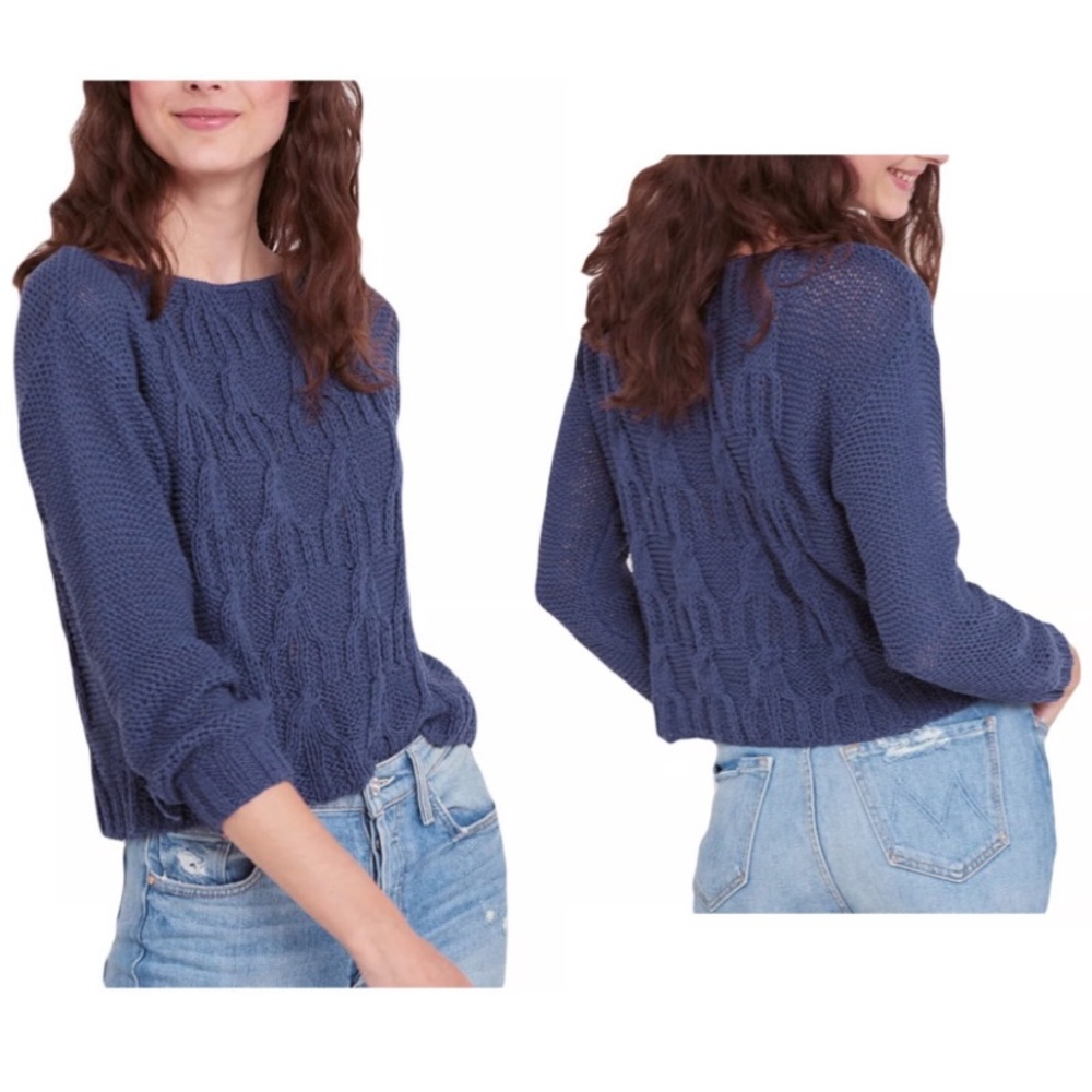 Roller Rabbit Indigo Koala Sweater 100% Organic Cotton Cropped Large Navy Blue